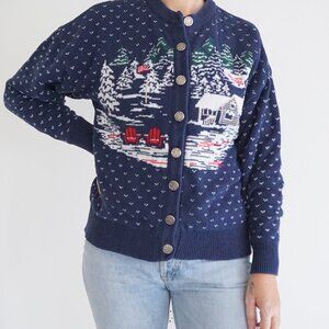 Vintage Northern Reflections Navy Cabin Winter Scene Knit Cardigan Sweater S